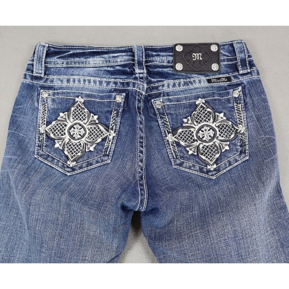 Miss Me Womens‎ Mid Rise Boot Jeans 29x28.5 Rhinestone Embroidery Denim Cross
